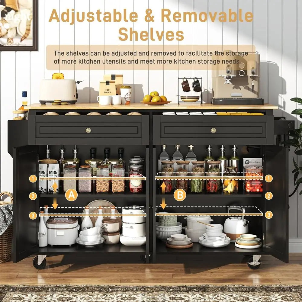 63" Movable Kitchen Island with Drop Lea and Power Outlet, Rolling Island Cart w/Storage Cabinet, Island Table on Wheels or Kitc