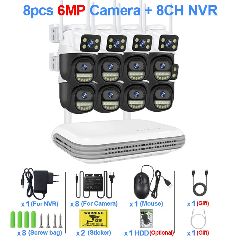 Smar WiFi Security Camera System 6MP Dual Lens Wireless IP Camera Kit With Two-Way Audio 8CH NVR
