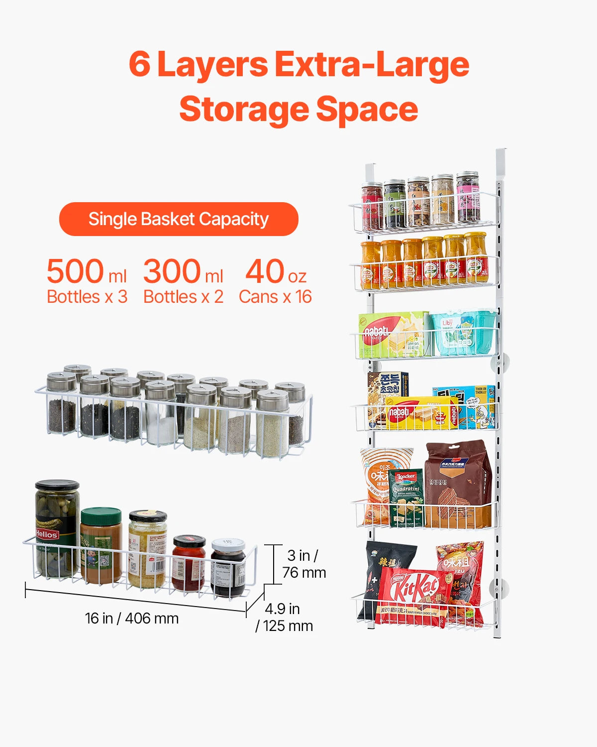 SucceBuy 6 Tier Over the Door Pantry Organizer Heavy-Duty Steel Hanging Spice Rack, Adjustable Wall Seasoning Shelves
