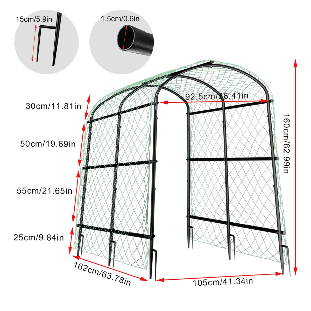 U-Shaped Garden Cucumber Trellis for Climbing Plants Support Frame with Nylon Netting and Spikes Metal Garden Trellis Arch