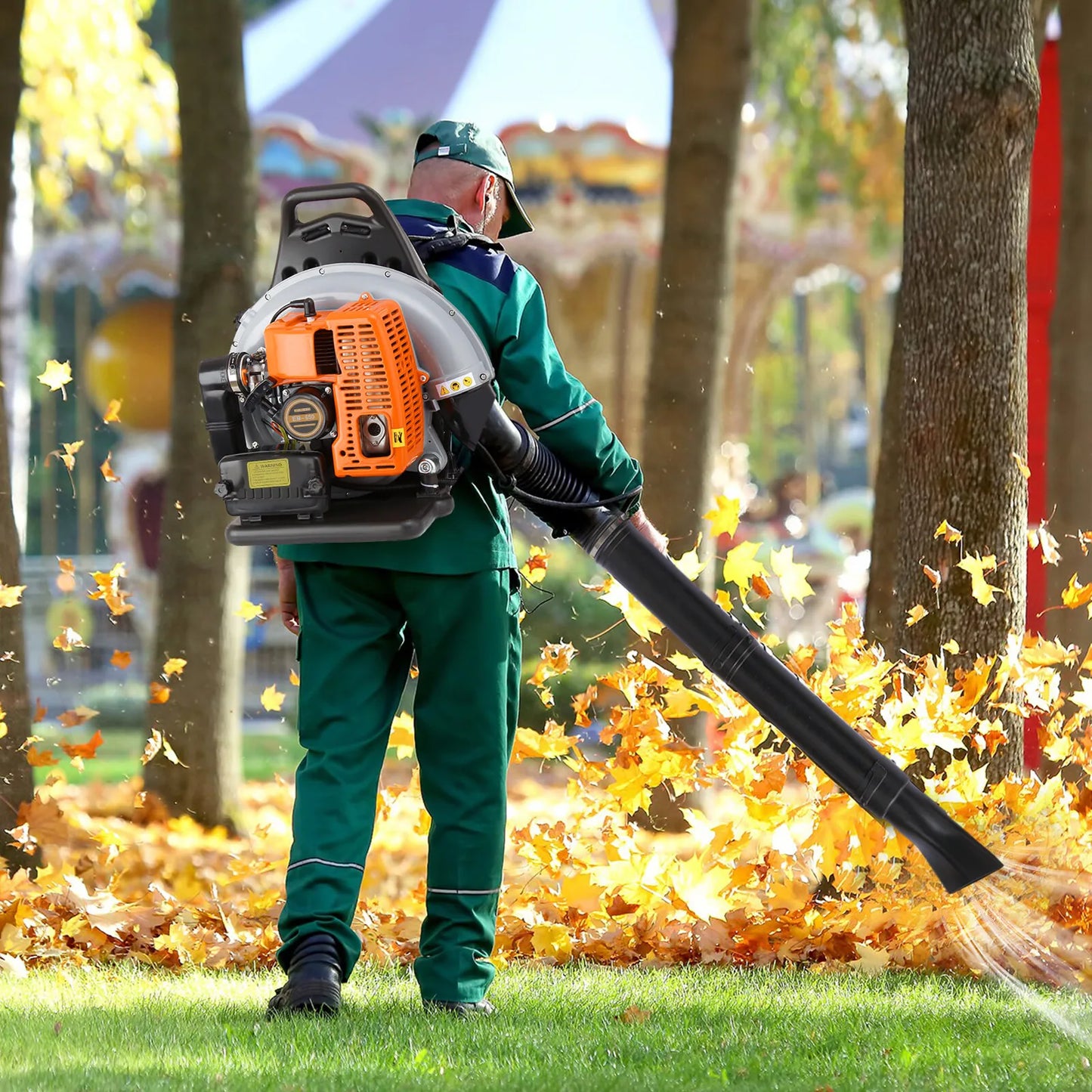 63CC 2.7kW 2-Stroke Gas Leaf Blower, 6800r/min Adjustable Speed Backpack Blower, 0.3m³/s Yard Cleaning Blower for Garden Lawn