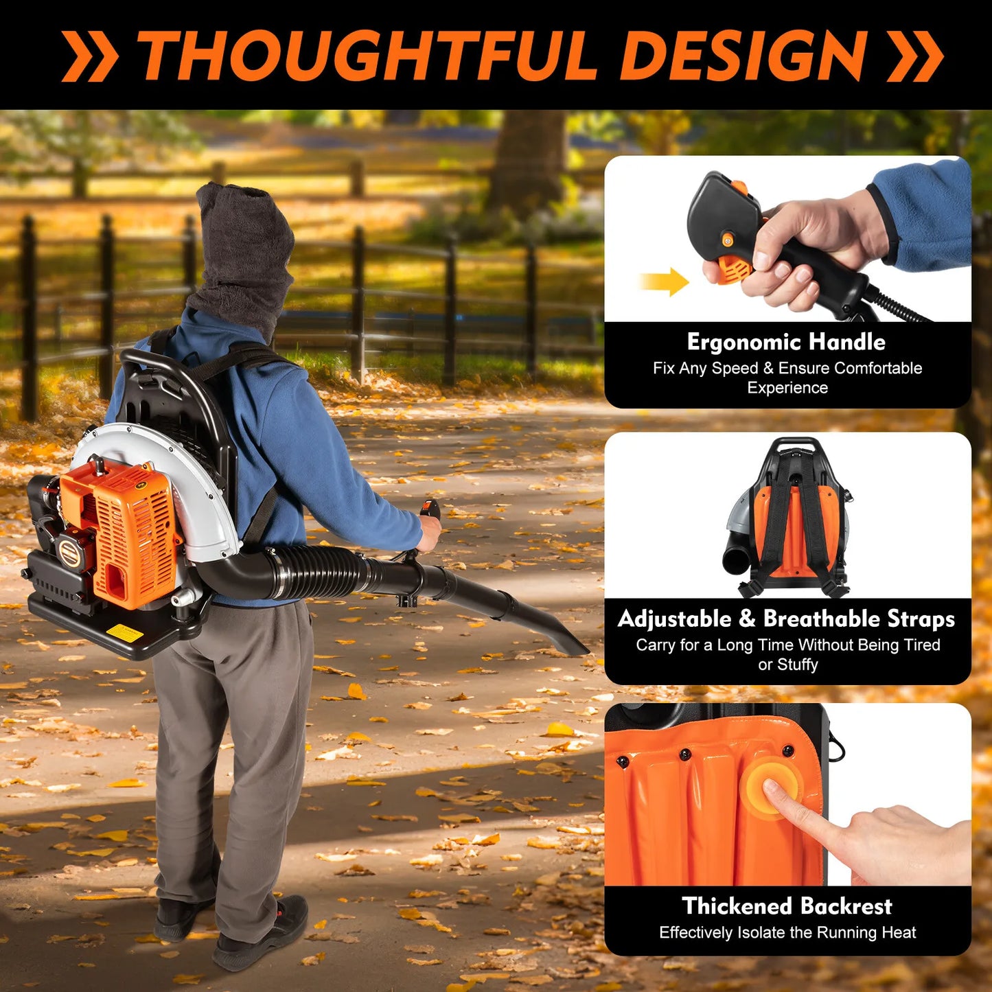 63CC 2.7kW 2-Stroke Gas Leaf Blower, 6800r/min Adjustable Speed Backpack Blower, 0.3m³/s Yard Cleaning Blower for Garden Lawn
