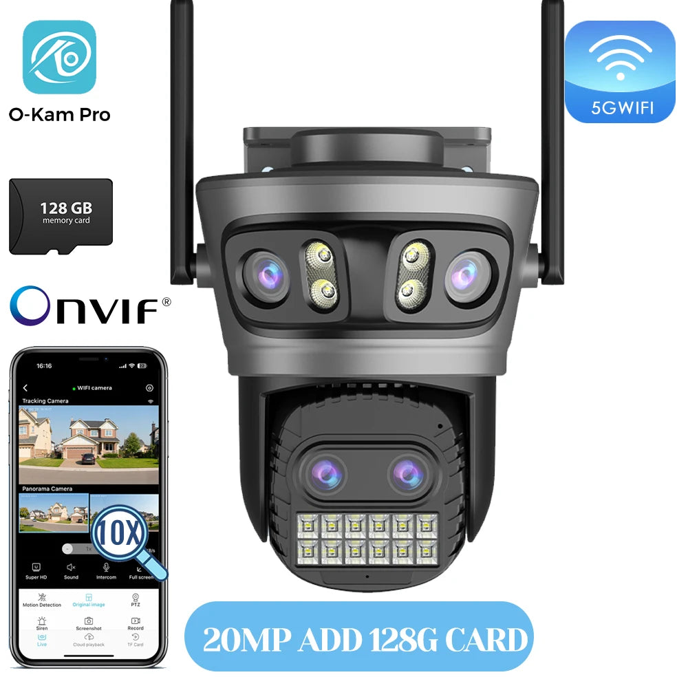 20MP Outdoors Wifi Camera 10K HD Three Lens Security 5G PTZ IP Camera 10X Digital Zoom Lens Human AI Auto Detect Tracking Camera