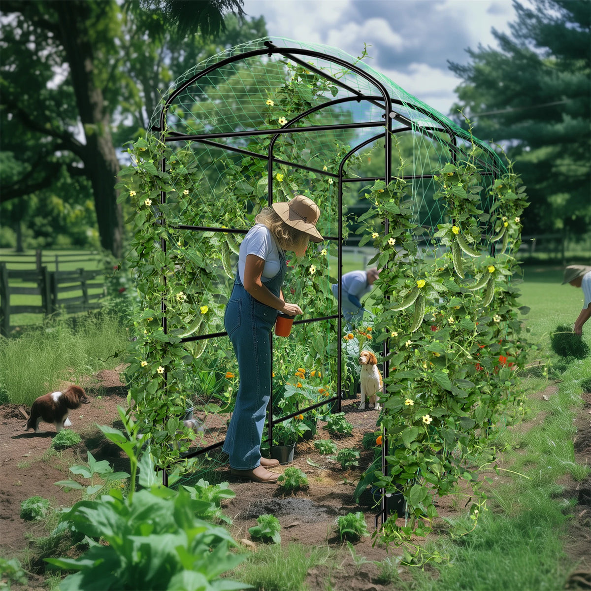 U-Shaped Garden Cucumber Trellis for Climbing Plants Support Frame with Nylon Netting and Spikes Metal Garden Trellis Arch