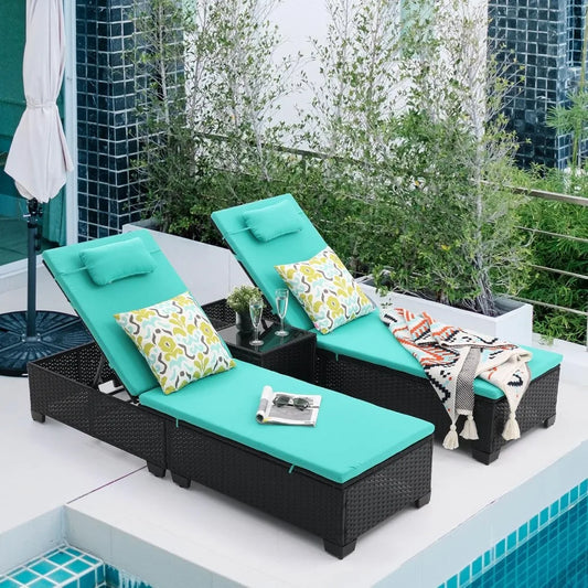 Outdoor Patio PE Wicker Chaise Lounge Chairs Set of 3 Patio Black Rattan Reclining Chair Adjustable Backrest Pool Sunbathing Rec