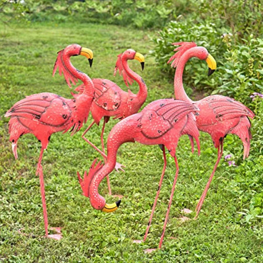 Set of 4 Metal Pink Flamingos Garden Decor Outdoor Yard Accent Colorful Metal Bird Sculptures Durable Rust Resistant Patio Deco