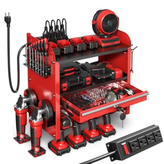 Power Tool Organizer Wall Mount with Drill Rack and Locking Drawers - Heavy Duty Metal Tool Shelf for Garage Workshop Shed Base