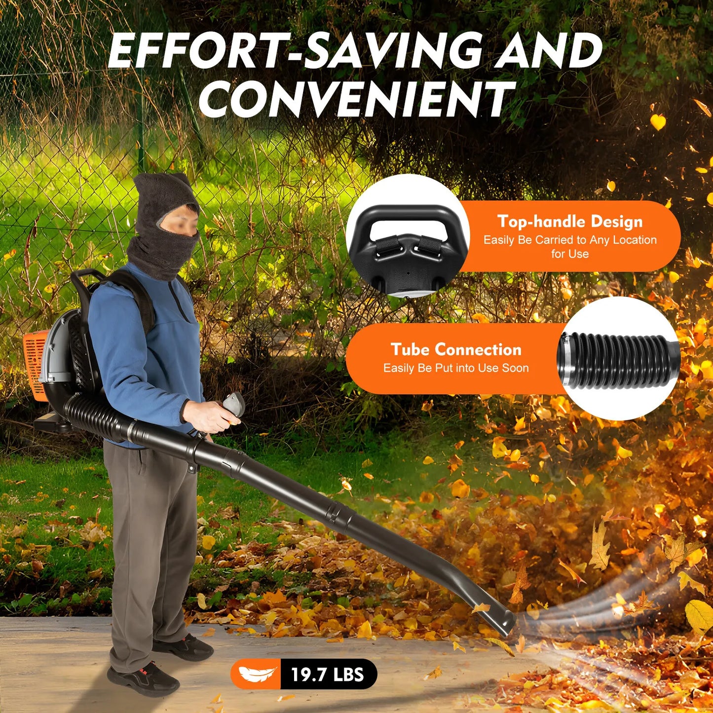63CC 2.7kW 2-Stroke Gas Leaf Blower, 6800r/min Adjustable Speed Backpack Blower, 0.3m³/s Yard Cleaning Blower for Garden Lawn
