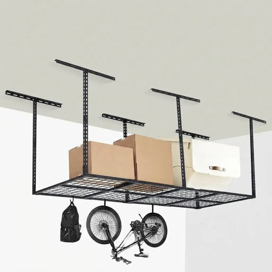 3x8 ft Overhead Garage Storage Rack, 22"-42" Adjustable Ceiling Mounted Metal Shelving Space-Saving Overhead Organizer System