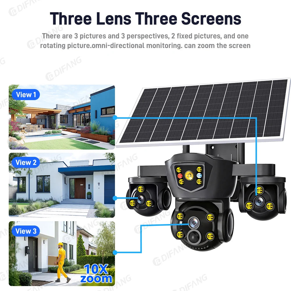 DIFANG V380 Pro WiFi Wireless Solar Camera Three Screen Outdoor 4G Sim Card Solar CCTV Three Lens Battery Solar Security Camera