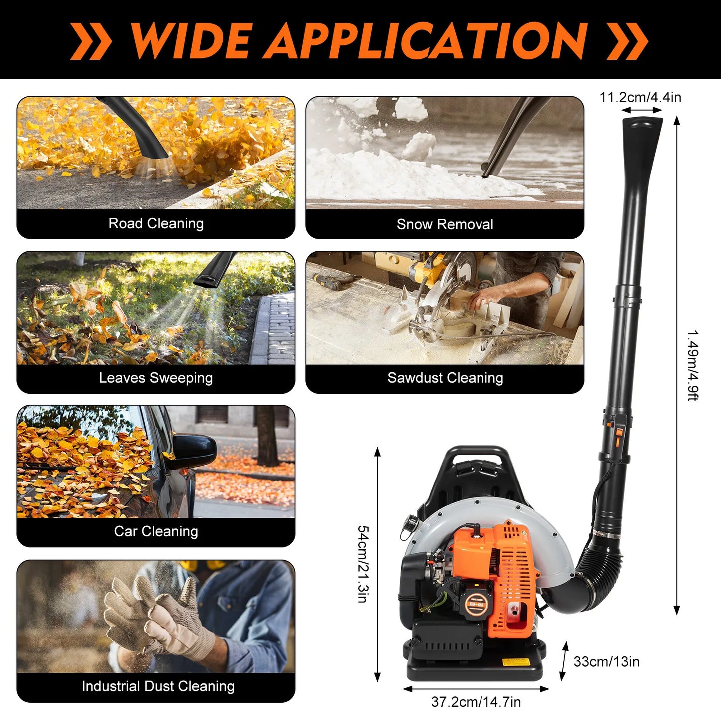 63CC 2.7kW 2-Stroke Gas Leaf Blower, 6800r/min Adjustable Speed Backpack Blower, 0.3m³/s Yard Cleaning Blower for Garden Lawn