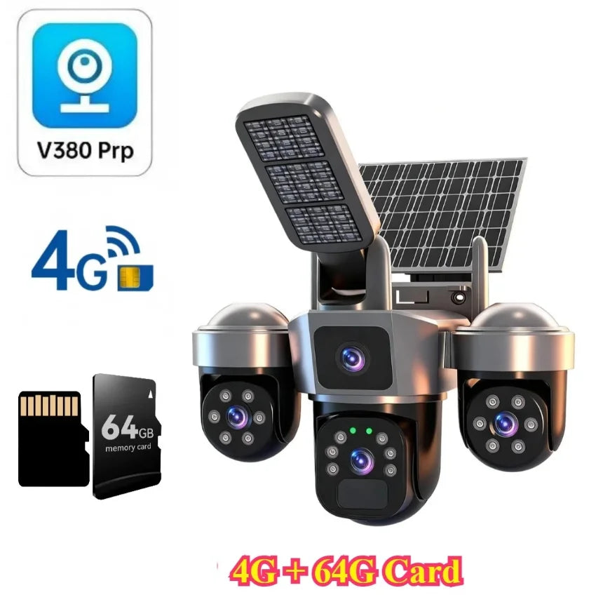 DIFANG V380 Pro WiFi Wireless Solar Camera Three Screen Outdoor 4G Sim Card Solar CCTV Three Lens Battery Solar Security Camera