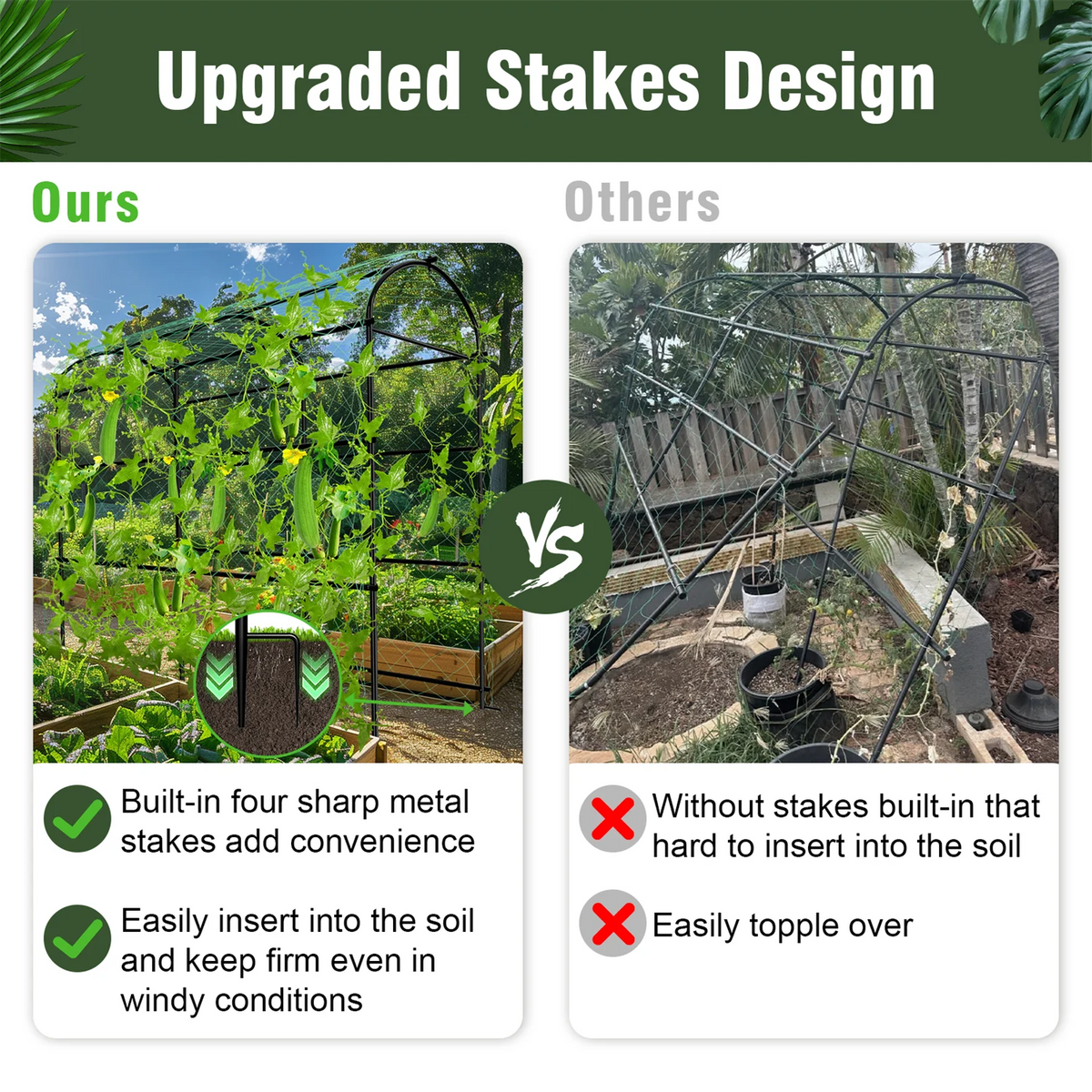 U-Shaped Garden Cucumber Trellis for Climbing Plants Support Frame with Nylon Netting and Spikes Metal Garden Trellis Arch