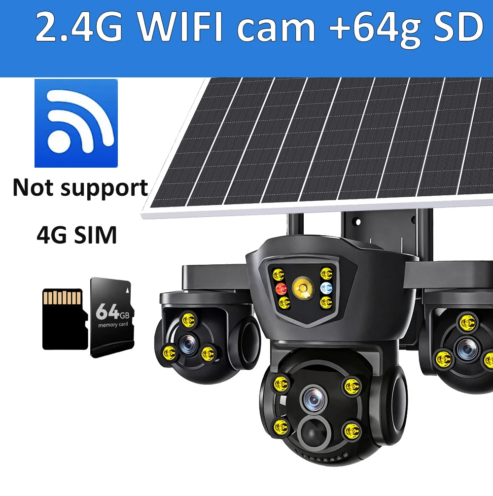 DIFANG V380 Pro WiFi Wireless Solar Camera Three Screen Outdoor 4G Sim Card Solar CCTV Three Lens Battery Solar Security Camera