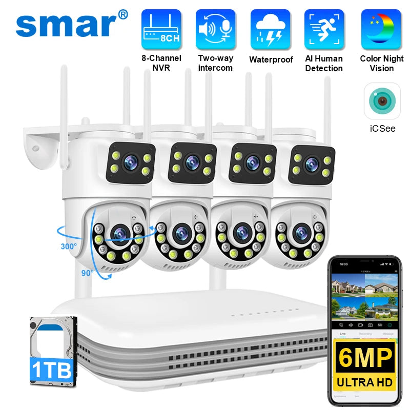 Smar WiFi Security Camera System 6MP Dual Lens Wireless IP Camera Kit With Two-Way Audio 8CH NVR