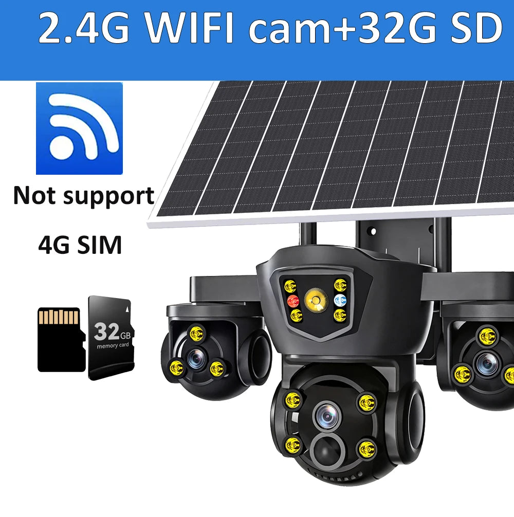 DIFANG V380 Pro WiFi Wireless Solar Camera Three Screen Outdoor 4G Sim Card Solar CCTV Three Lens Battery Solar Security Camera
