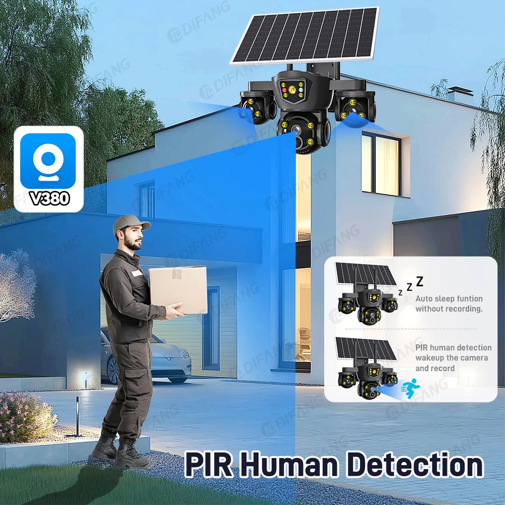 DIFANG V380 Pro WiFi Wireless Solar Camera Three Screen Outdoor 4G Sim Card Solar CCTV Three Lens Battery Solar Security Camera