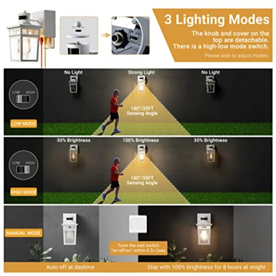 Porch Light Outdoor with GFCI Outlet - 3 Lighting Modes Exterior Light Fixture Dusk to Dawn Motion Sensor Wall Mount Outside Li