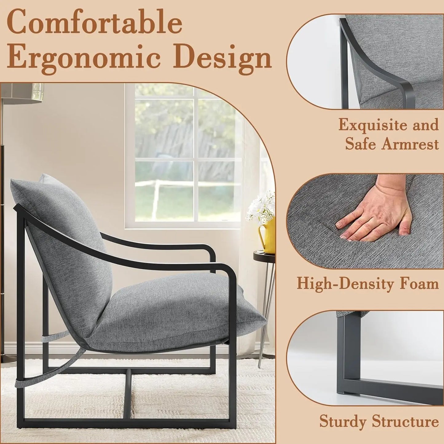 Accent Chairs Set of 2, Metal Frame Sling Outdoor Chairs with Metal Frame and SOFE Cushion for Garden, Patio,Customized