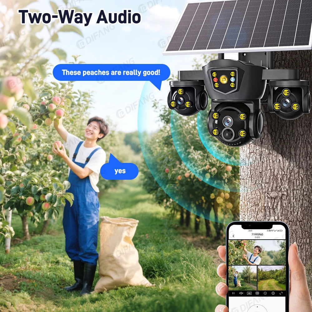 DIFANG V380 Pro WiFi Wireless Solar Camera Three Screen Outdoor 4G Sim Card Solar CCTV Three Lens Battery Solar Security Camera
