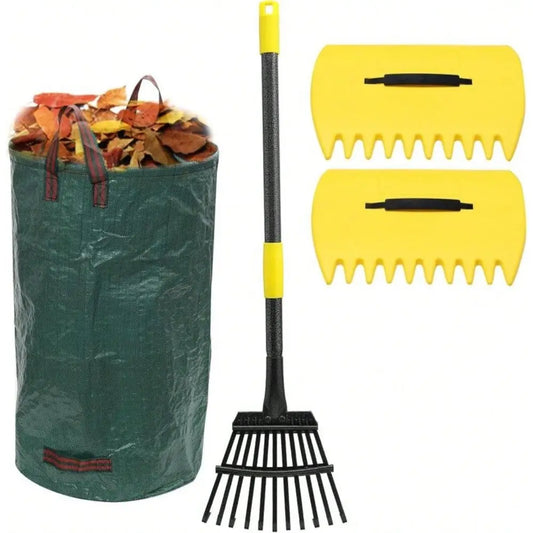 Leaf Rake For Leaves With 32 Gallon Lawn And Leaf Bags Amp Leaf Scoops, Adjustable 11 Tines 9 Wide Small Adult Kids Lawn Shrub