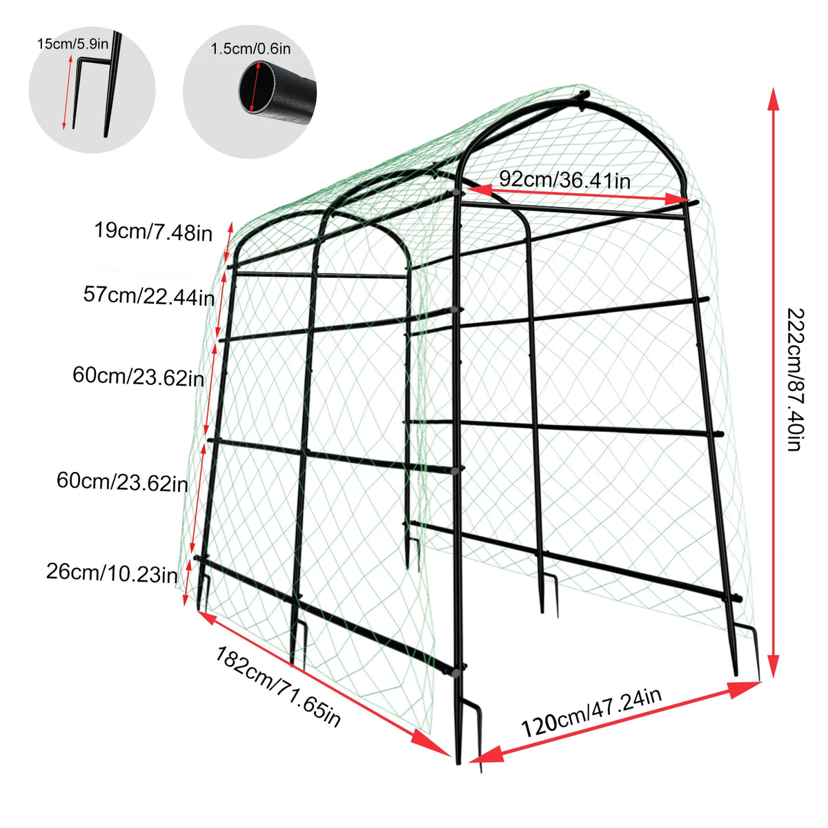 U-Shaped Garden Cucumber Trellis for Climbing Plants Support Frame with Nylon Netting and Spikes Metal Garden Trellis Arch