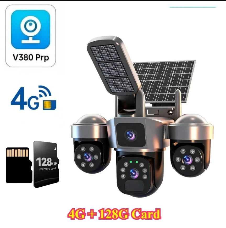 DIFANG V380 Pro WiFi Wireless Solar Camera Three Screen Outdoor 4G Sim Card Solar CCTV Three Lens Battery Solar Security Camera
