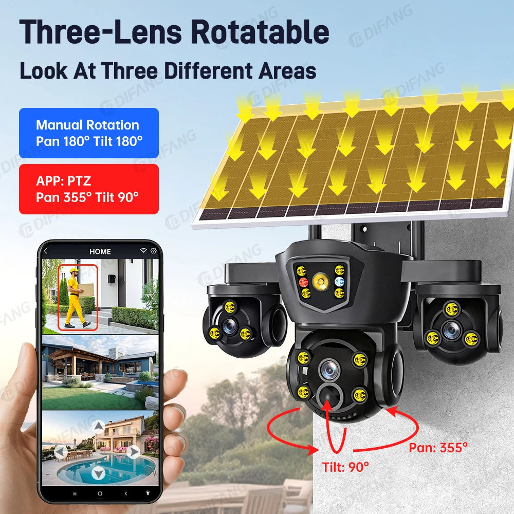 DIFANG V380 Pro WiFi Wireless Solar Camera Three Screen Outdoor 4G Sim Card Solar CCTV Three Lens Battery Solar Security Camera