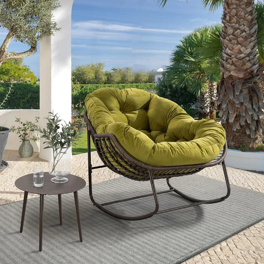 Oversized Rattan Egg Rocking Chair Padded Cushion Indoor Outside Porch Garden Balcony Deck Olive Green Set of 1, Customized