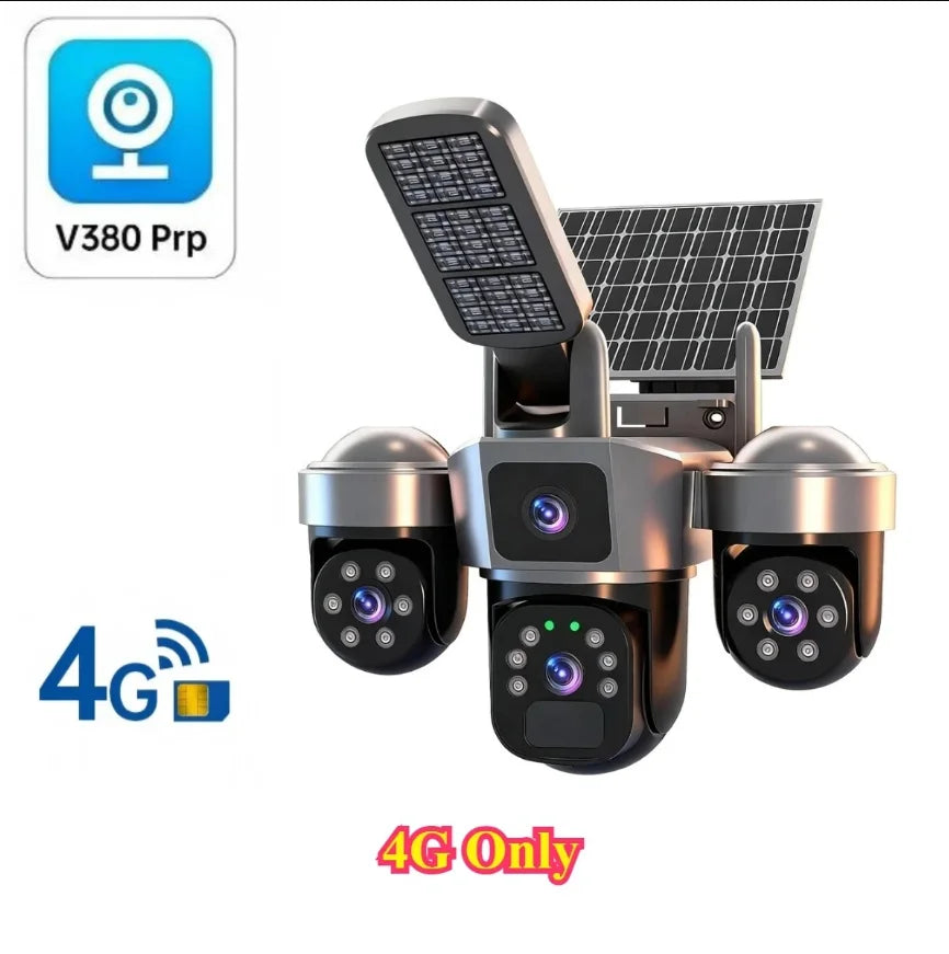 DIFANG V380 Pro WiFi Wireless Solar Camera Three Screen Outdoor 4G Sim Card Solar CCTV Three Lens Battery Solar Security Camera