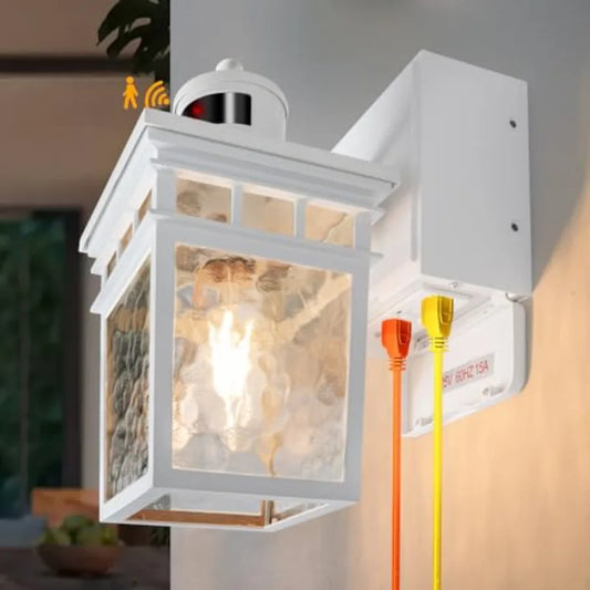 Porch Light Outdoor with GFCI Outlet - 3 Lighting Modes Exterior Light Fixture Dusk to Dawn Motion Sensor Wall Mount Outside Li