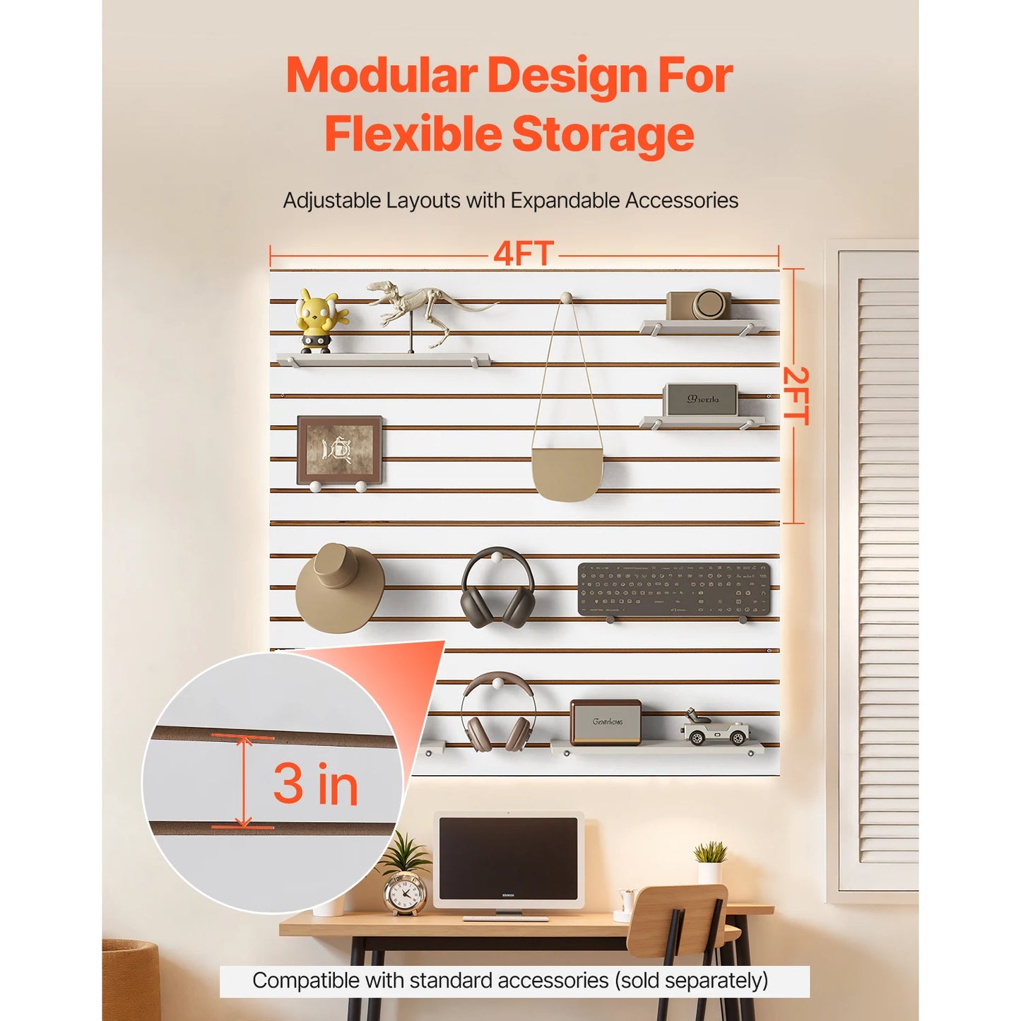 VEVOR 4 x 4 ft Slat Wall Paneling MDF Garage Slatwall with Modular Design Adjustable Panel for Tools Storage & Workshop Display