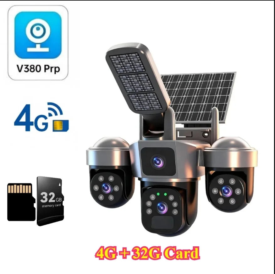 DIFANG V380 Pro WiFi Wireless Solar Camera Three Screen Outdoor 4G Sim Card Solar CCTV Three Lens Battery Solar Security Camera